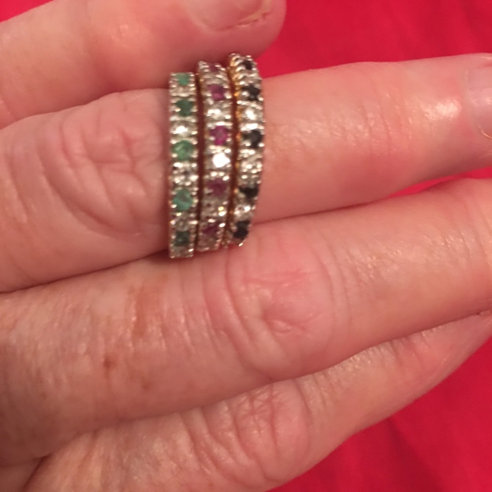 3 rings in man made, emerald, sapphire, ruby